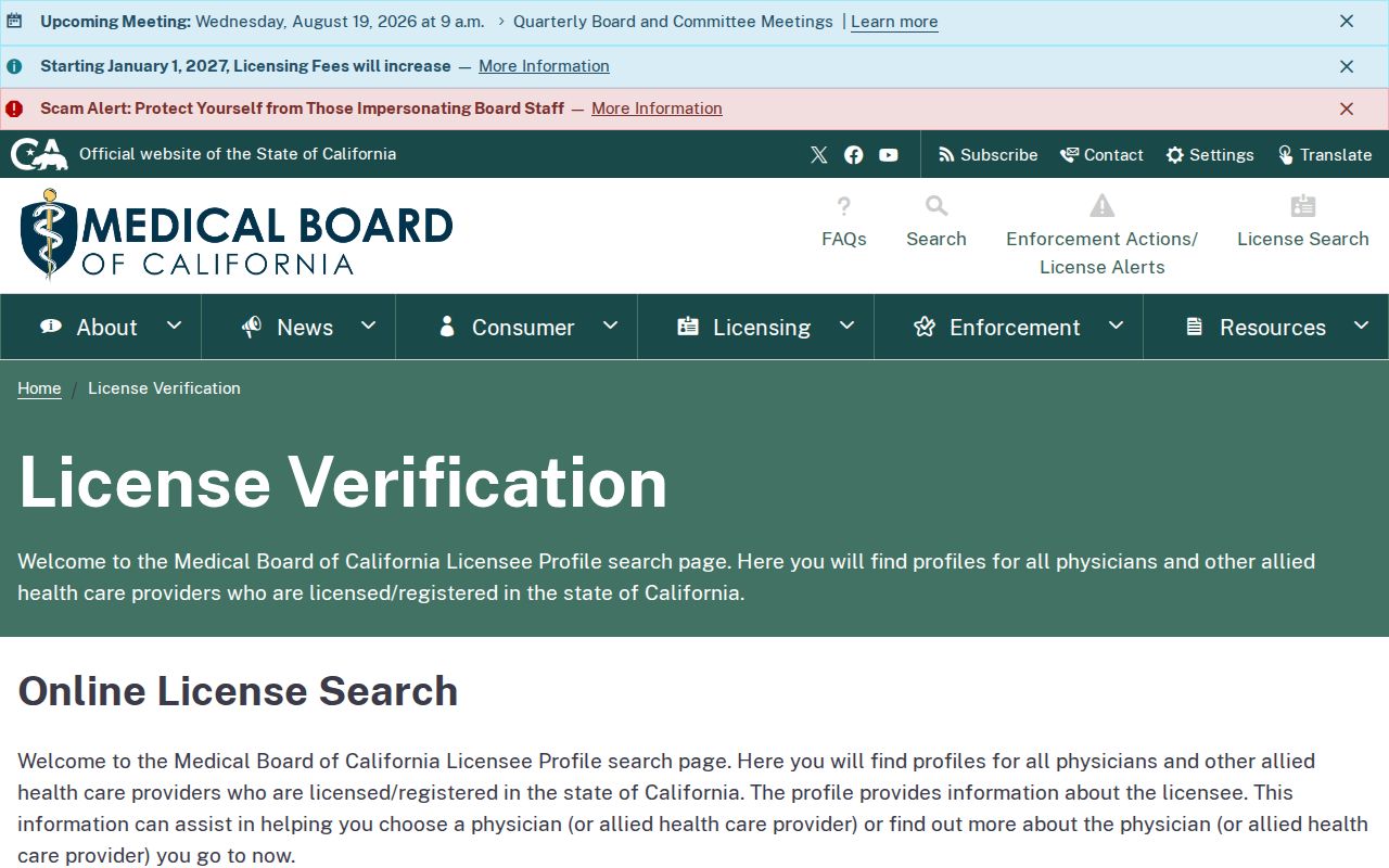 California Medical Board license verification used in an Encinitas resident lookup