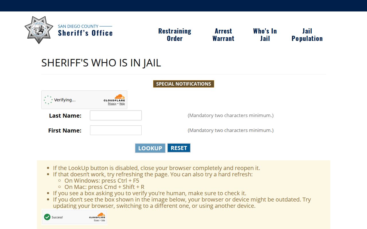 San Diego County Sheriff custody lookup linked from the Encinitas residents directory
