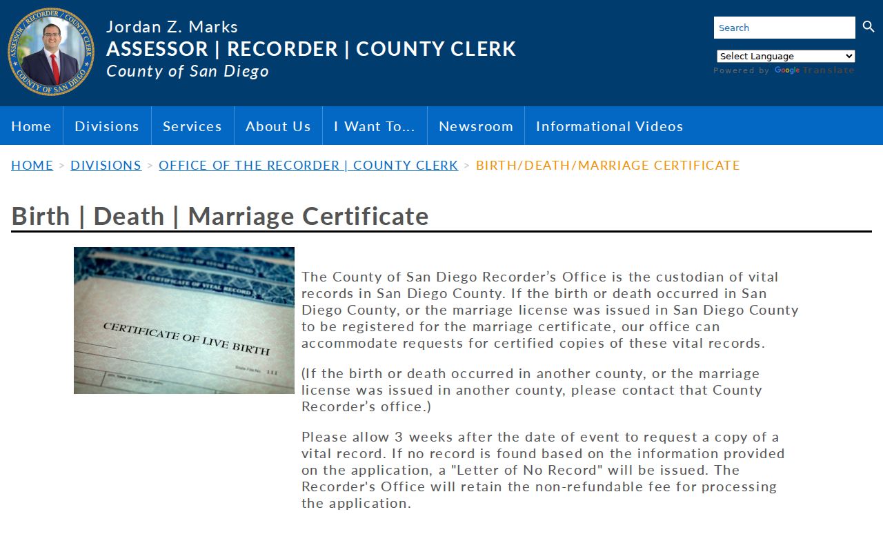 San Diego County vital certificate access for Encinitas previous residents research