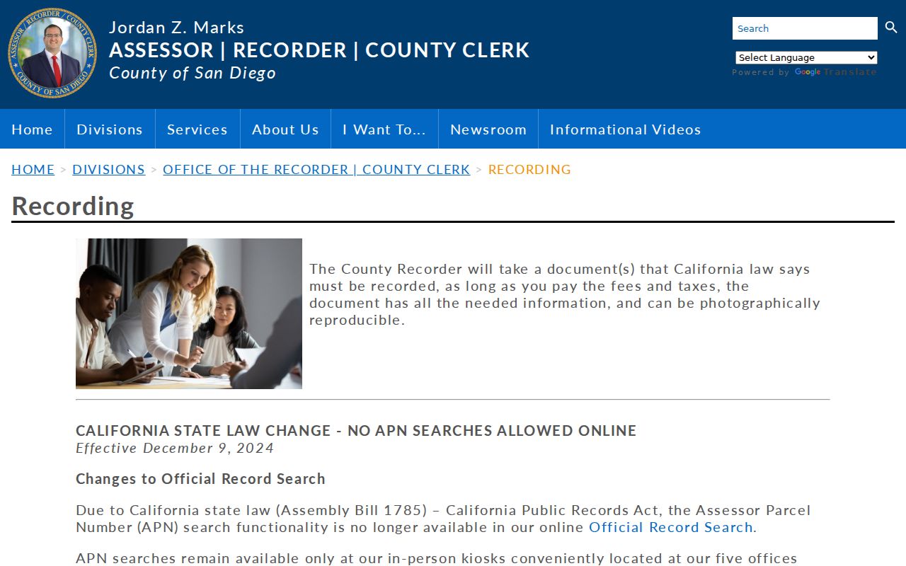 San Diego County recorded-document search for tracing previous residents of an Encinitas address