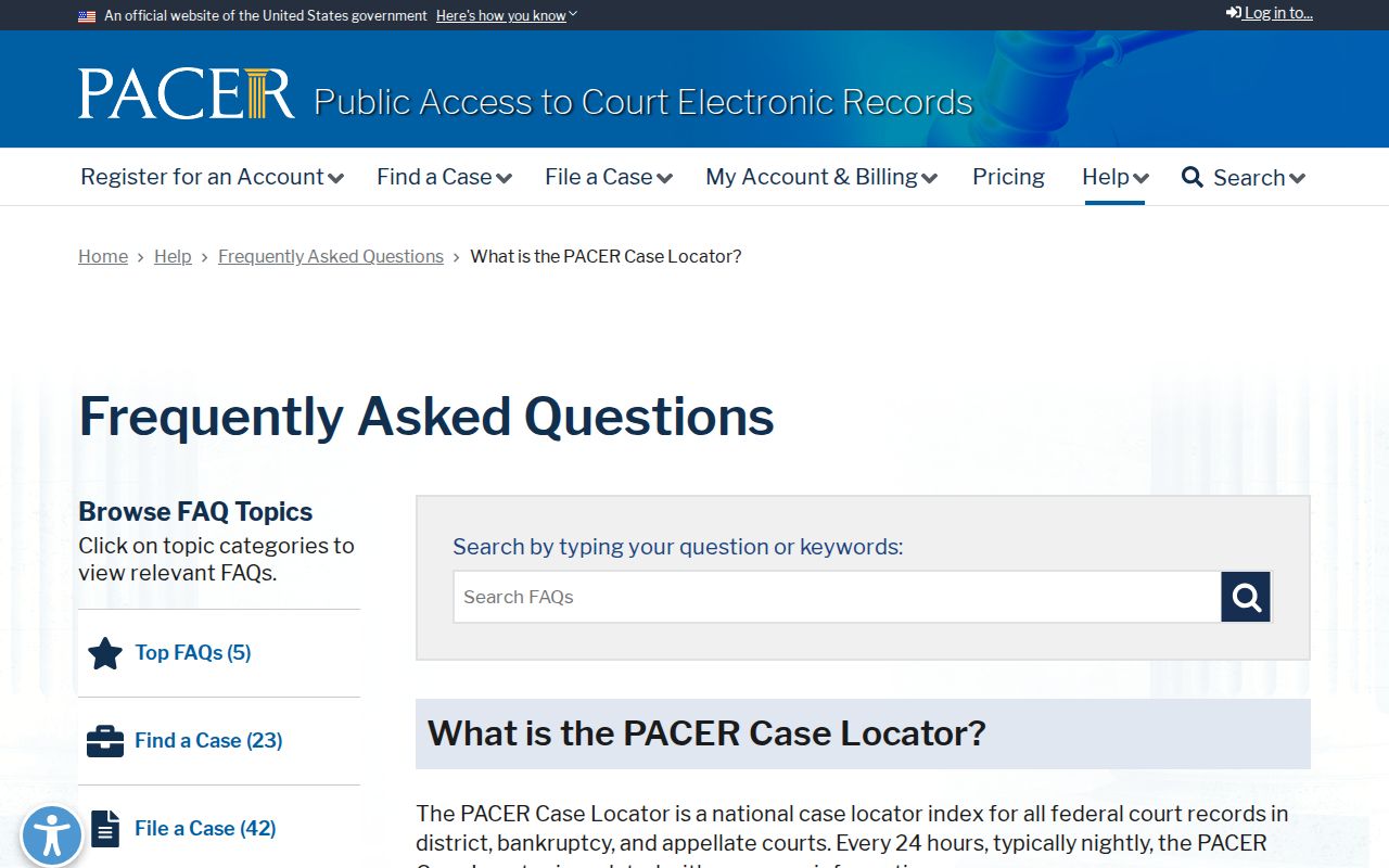 PACER Case Locator guidance used as a federal Encinitas resident lookup fallback