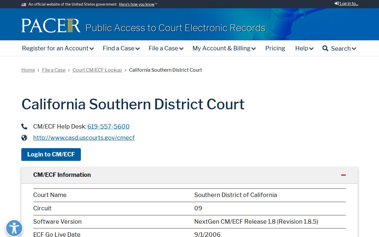 Southern District of California PACER entry point for an Encinitas resident lookup