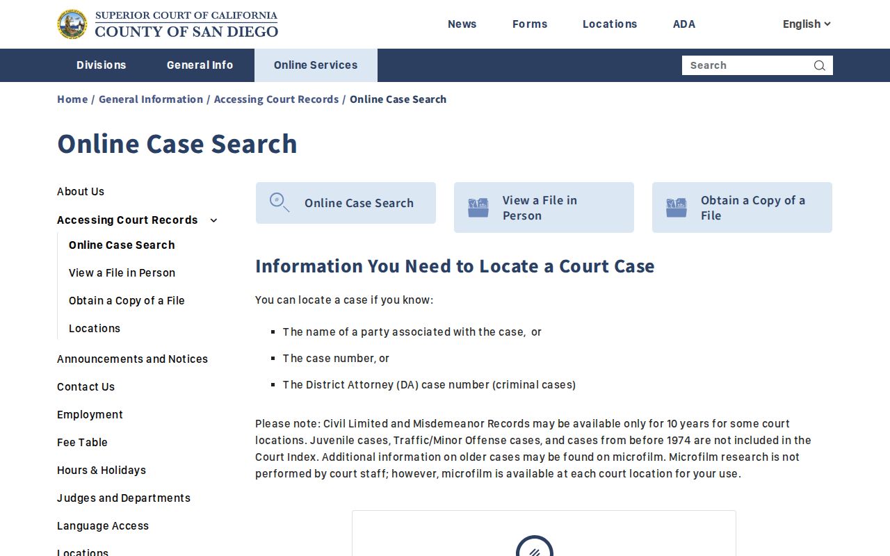 San Diego Superior Court online case search guidance for an Encinitas resident lookup