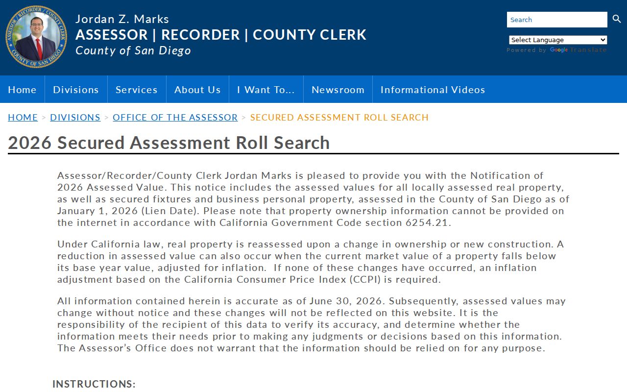 San Diego County secured assessment roll search for an Encinitas address